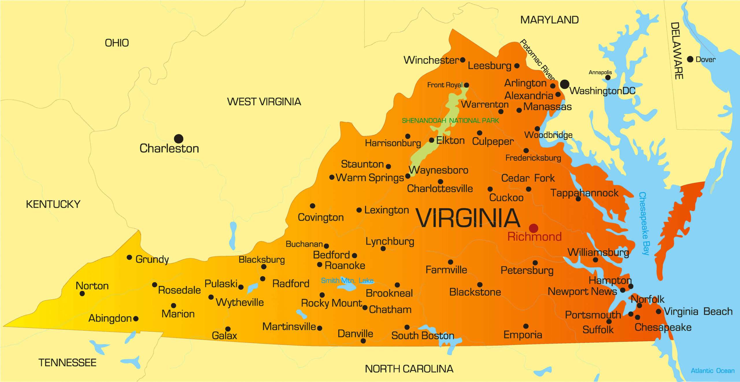 Colorful map of Virginia showing major cities and borders